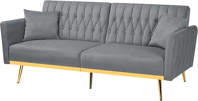 70” Velvet Futon Sofa Bed with 2 Pillows and Adjustable Armrests Convertible Sleeper Bed W/Adjustable Backrests Modern Loveseat for Living Room Bedroom Light Grey