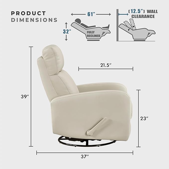Lexicon Swivel Glider Reclining Chair Top Grain Leather Match Manual Pull Handle Recliner Comfy Nursery Glider Recliner Swivel Reclining Chair for Living Room/Office/Bedroom/Apartment Beige