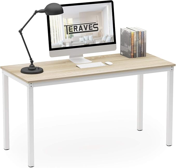 Teraves Computer Desk/Dining Table Office Desk Sturdy Writing Workstation for Home Office (39.37“ Beige + White Frame)