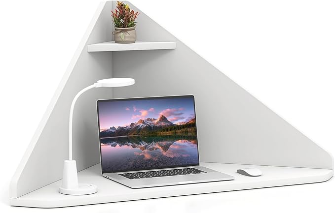 GOFLAME Floating Corner Desk Wall Mounted Triangular Computer Desk w/Storage Shelf Space-Saving Design 90° Wooden Floating Home Office Desk for Writing Working Studying (White)
