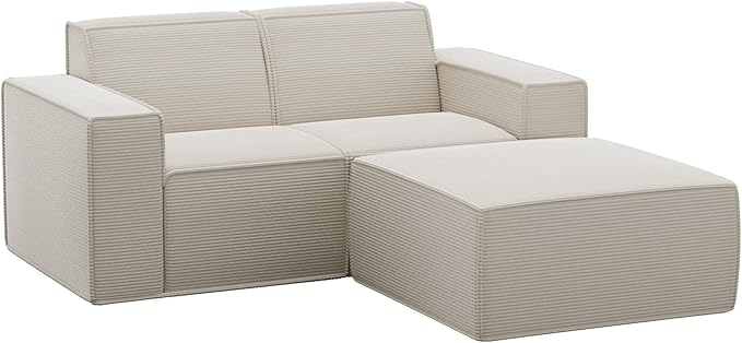 Cozy Castle 71 Loveseat Sofa L Shaped Comfy Corduroy Boneless Couch with Deep Seat and Ottoman Chaise Cloud Sofa Upholstered Couches for Living Room Bedroom No Assembly Required (Beige)