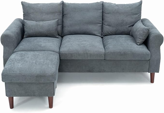 Panana 3 Seater Sofa with Footstool Set Rolled Arm Classic Couch Solid Wood Legs Settee for Small Living Room Office Lounge (Gray 3 Seater with Ottoman)