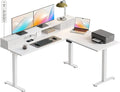 Casaottima 59 Inch Electric L-Shaped Standing Desk with Drawers Height Adjustable Stand Up Corner Desk with Monitor Stand Lift Table for Home Office Workstation White