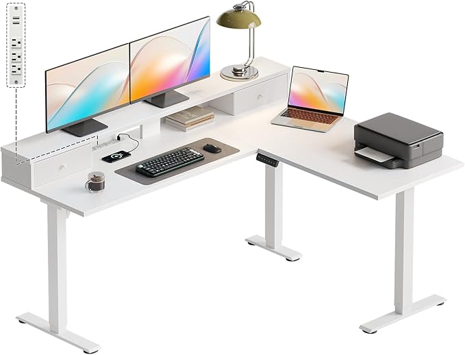 Casaottima 59 Inch Electric L-Shaped Standing Desk with Drawers Height Adjustable Stand Up Corner Desk with Monitor Stand Lift Table for Home Office Workstation White