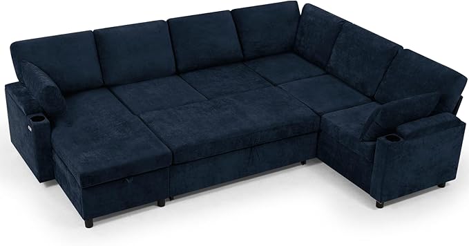 110” Chenille Reversible Sectional Sofa w/Pull Out Bed &amp Storage Chaise U Shaped Couch w/Storage Armrests &amp Cup HoldersCorner Sofa w/USB Charging Port &amp Throw Pillow for Living Room Blu