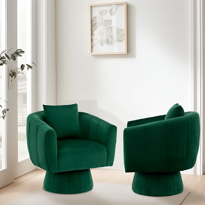 Swivel Accent Chair Set of 2 Modern 360°Swivel Barrel ChairComfy Velvet Fabric Living Room Chair with Fluffy CushionsUpholstered Armchair for Living RoomBedroomLounge (Green)