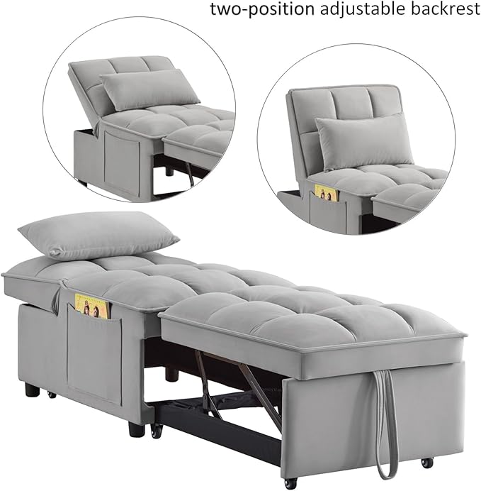 KEIKI Velvet Single Convertible Sleeper Chair Sofa Bed with Adjustable Backrest Pillows &amp Storage Pockets 3 in 1 Pull-Out Couch Chaise Lounge Recliner for Living Room Balcony Bedroom Grey