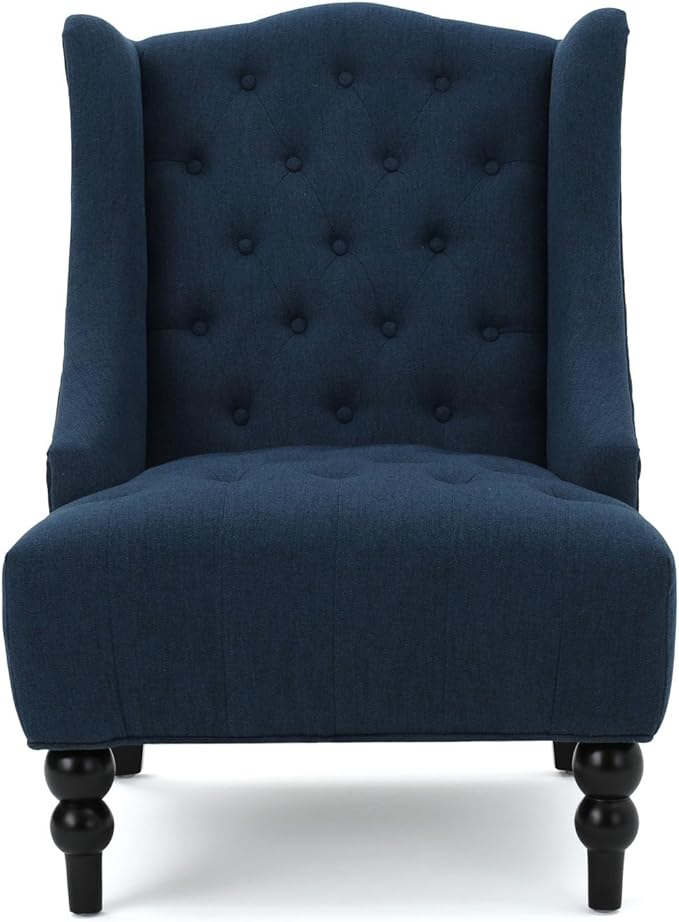 High-Back Velvet Wingback Chair Navy Blue Accent Chair with Button-Tufted Design &amp Birch Wood Legs 27.5”W x 33.75”D Upholstered Club Chair for Living Room Victorian (Linen Navy Blue)