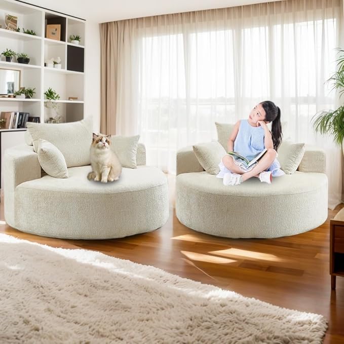55 Oversized Chaise lounge Chair Indoor Modern Upholstered Deep Seat Wide Armrest Single Floor Circle Round Sofa Chair Sleeper for Small Living Room Bedroom Apartment with Pillow Beige Chenille