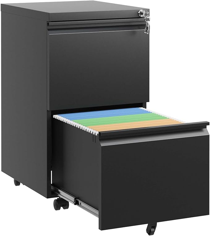 Black 2 Drawer Small File Cabinet with Lock Rolling Under Desk File Cabinet Metal Already Assembled File Cabinets Vertical Printer Stand Unit for Small Space Legal/Letter/a4 Size (Black)