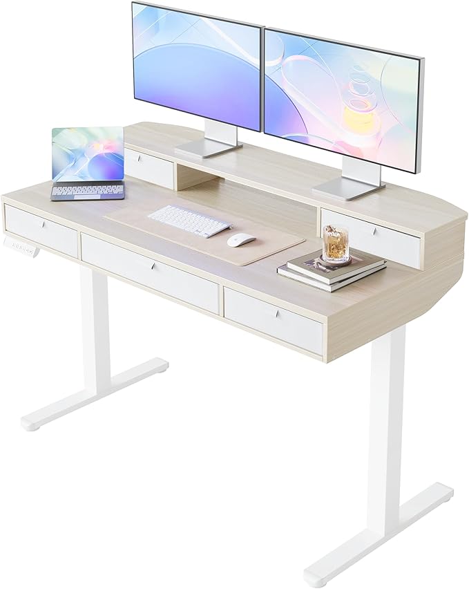 HUANUO 48 x 24 inch Electric Standing Desk with 5 Drawers Adjustable Height Sit Stand Home Office Desk C-Clamp Mount Compatible Ergonomic Stand up Desk with 4 Preset Heights Natural