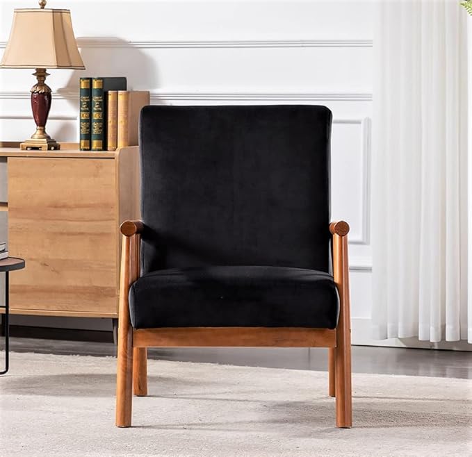 Container Furniture Classic Living Room Mid Century Modern Accent Chair with Unique Open-Framed Arm Design and Solid Wood Frame Velvet Armchair Black