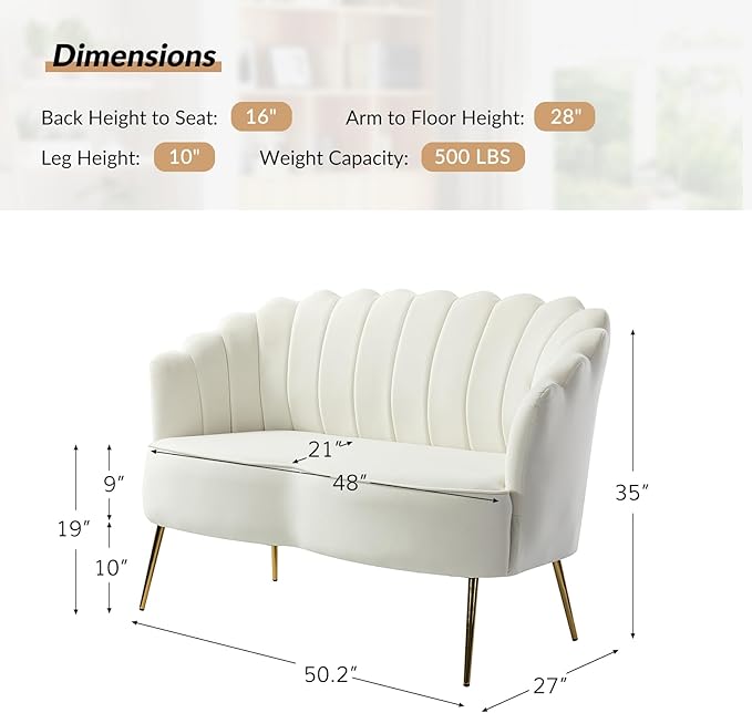 Velvet Upholstered Loveseat Sofa with Gold Metal Legs Modern Comfy Small Love Seat with Flower Shaped Back 2-Seater Sofa Accent Couch for Living Bedroom Leisure Areas
