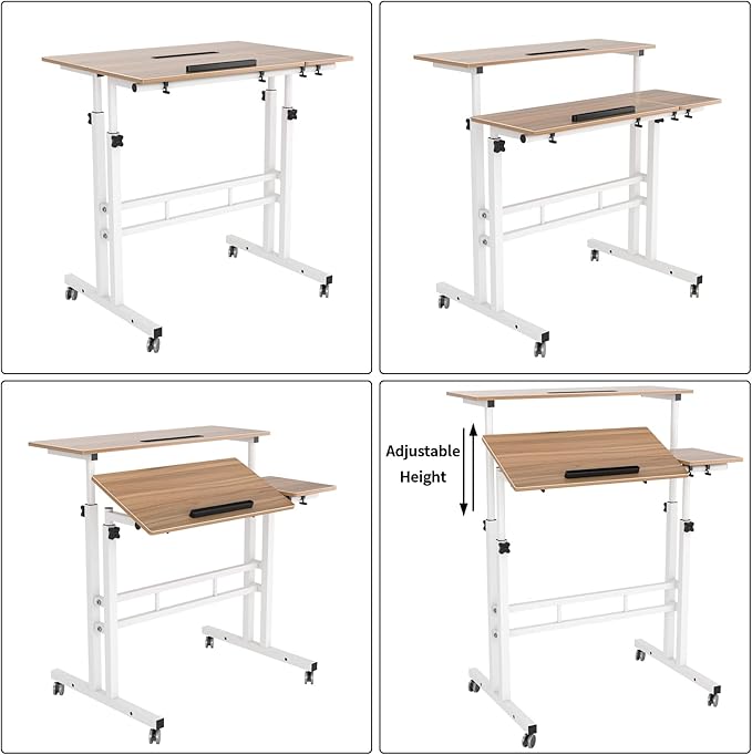 DlandHome Adjustable Rolling Desk Standing Desk Sit-Stand Desk Cart Mobile Computer Desk Stand Up Desk Office Desk Riser Standing Table Workstation Mobile Desk Oak