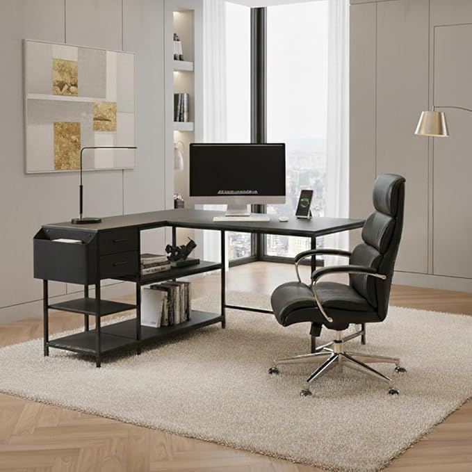 Techni Mobili Modern L-Shaped Desk with Storage Corner Computer Desk for Home &amp Office with 2 Drawers Open Storage Shelves Fabric Organizer &amp Sturdy Metal Frame Black