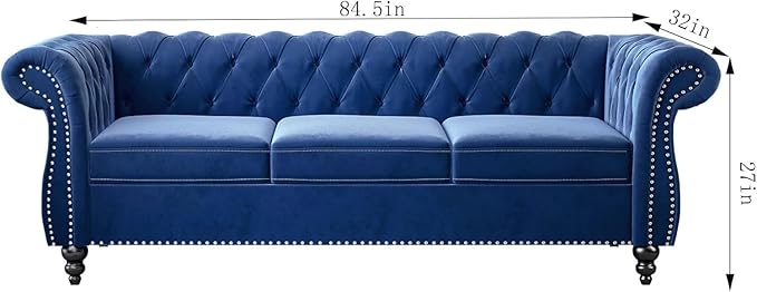 Chesterfield 3 Seater Sofa Modern Velvet Tufted Couch 3 Seater with Rolled Arms and Nailhead Mid-Century Upholstered Couch for Living Room Bedroom Apartment and Office Blue