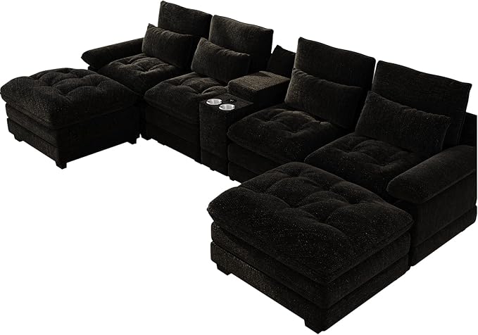 134U Shaped Sectional Couches for Living Room Oversized Modular Sectional Fluffy Couch with 2 Ottoman &amp Storage ConsoleModern 6 Seat Living Room Sofa with Glitter FabricTufted Buttons Black