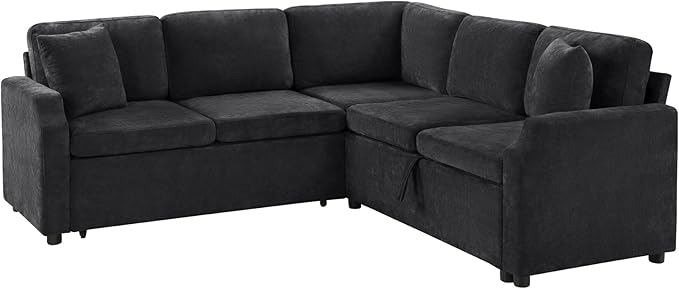 81.9 Sectional Sofa Bed L-Shaped Sectional with a Hidden Storage Compartment Versatile Pull-Out Sofa Bed with Cozy Throw Pillows for Living Room Apartments Offices (Black-04e)