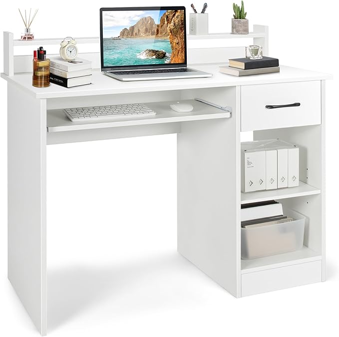 Tangkula White Desk with Drawer &amp Keyboard Tray 22 Inch Wide Modern Study Writing Desk with Desktop Hutch &amp Storage Shelves Home Office Desk for Teens Wood PC Laptop Desk Desk for Bedroom