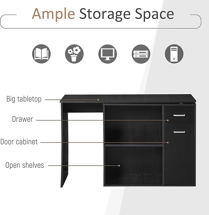 HOMCOM L Shaped Computer Desk 180° Rotating Corner Desk with Storage Shelves Drawer and Cabinet Study Workstation for Home Office Black