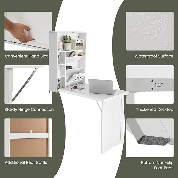 Folding Wall Mounted Desk Fold Down Table with Storage Shelves Wood Convertible Floating Table for Small Spaces Murphy Desk Wall Mount for Home Office (White)