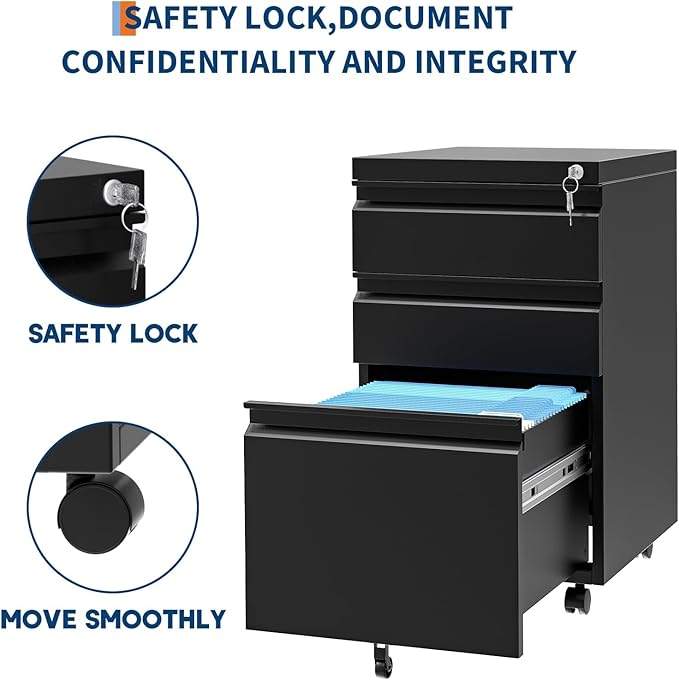 TrailBlaze 3-Drawer Mobile File Cabinet with Lock – Under Desk Rolling Storage Cabinet Fits Legal/Letter/A4 Metal Filing Cabinet with Locking Casters &amp Easy Assembly for Home Office Workspace