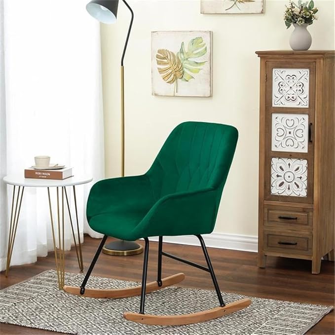 LuxenHome Modern Accent Velvet Chairs Upholstered Green Rocking Chair Dining Chairs Single Sofa Arm Chair for Living Room Bedroom Leisure Lounge Chairs with Metal Stand