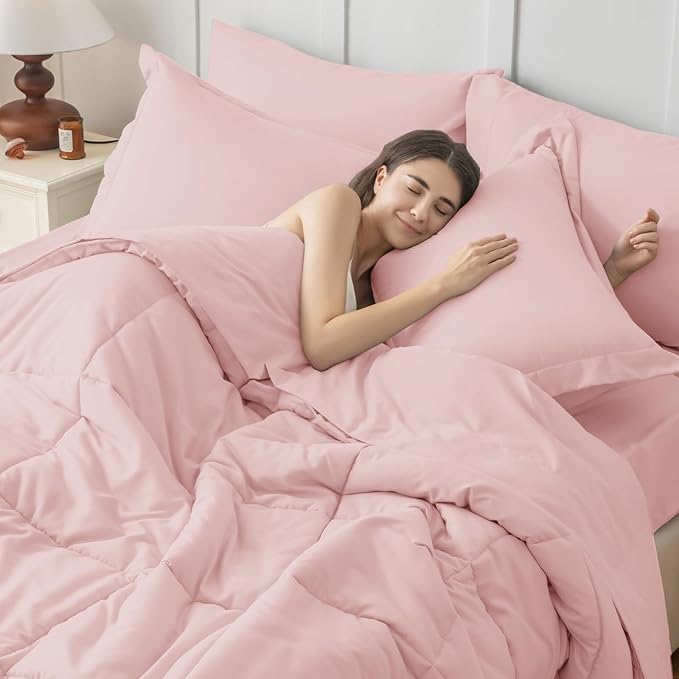 JOLLYVOGUE California King Comforter Set Ultra-Soft Bed in a Bag Cal King Size 7 Pieces Oeko-TEX Certified Bedding Set with Down Alternative Comforter Sheets Pillowcases &amp Shams Blush Pink