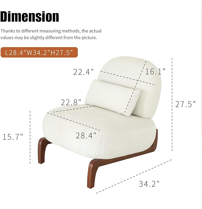 Velvet Accent Chair with Solid Wood Legs Modern Armless Living Room Chair with Soft Cushion Cozy Reading Chair for Bedroom Apartment Balcony &amp Waiting Room (White)