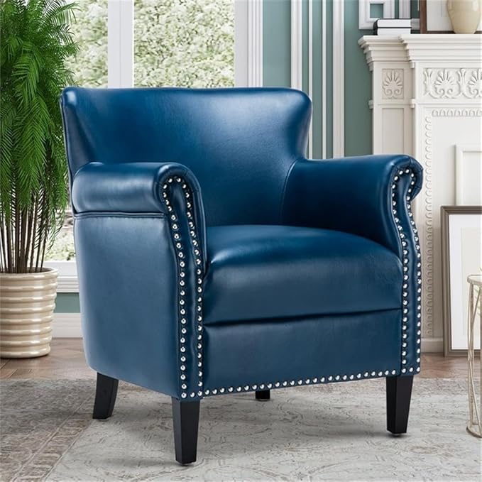 Pemberly Row Navy Blue Faux Leather Club Chair Chrome Nail Head Trim 18.9 in Seat Height Solid Wood Frame No Sag Springs 2.2 Density Foam Cushion Living Room Den or Office Use