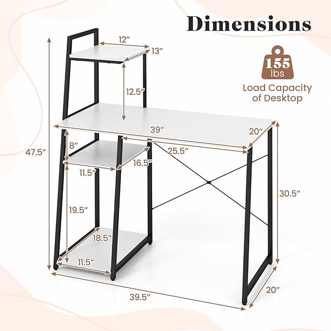 Tangkula Computer Desk with Shelves Space Saving Home Office Desk with 3-Tier Ladder Shaped Storage Bookshelf Modern Writing Study Desk with Metal Frame Compact Computer Workstation (White)