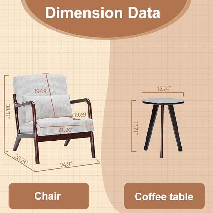 Mid Century Modern Accent Chair with Side Table Upholstered Corduroy Armchair with Lumbar Pillow Solid Rubberwood Frame for Living Room Bedroom Reading Nook White/Walnut