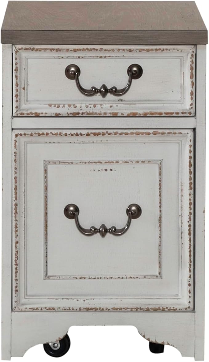 Liberty Furniture Magnolia Manor 4 Piece Opt L Shaped Writing Desk Set Keyboard Tray European Traditional Home Office - Antique White &amp Weathered Bark Oak Wood