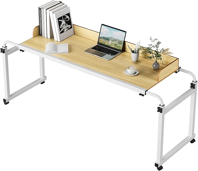 Adjustable Bed Table (47.2-82.7 Stretchy) - 25.6-37.4 Height Adjustable Overbed Desk with Lockable Wheels Raised Baffle for Single/Double Beds (Wooden Color-120 * 40cm)