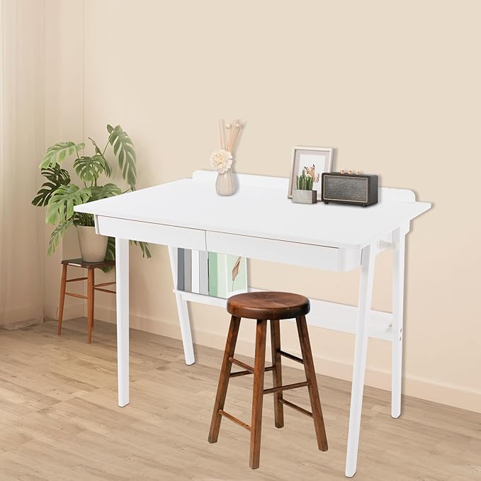 Modern Computer Desk with 2 Drawers &amp Storage Shelf Solid Wood Writing Desk for Home Office 39.3 Large Desktop 330 lbs Load Capacity Ergonomic Study Table (White)