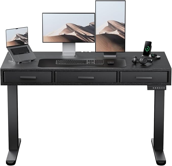 HUANUO Electric Standing Desk with Drawers C-Clamp Mount Compatible 48 x 24 Inch Height Adjustable Sit Stand Desk Fabric Drawers Home Office Stand Up Desk with 4 Custom Height Settings Black