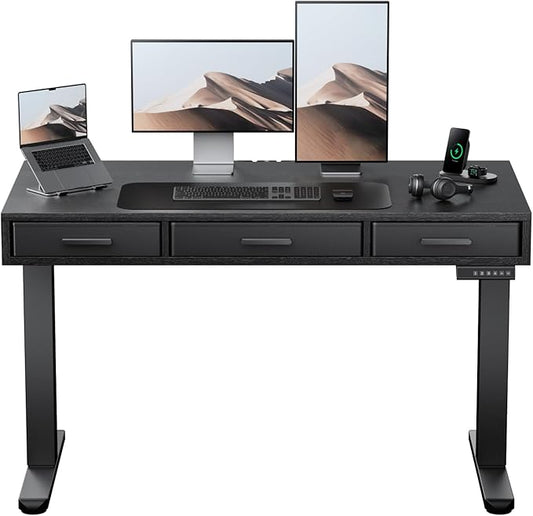 HUANUO Electric Standing Desk with Drawers C-Clamp Mount Compatible 48 x 24 Inch Height Adjustable Sit Stand Desk Fabric Drawers Home Office Stand Up Desk with 4 Custom Height Settings Black