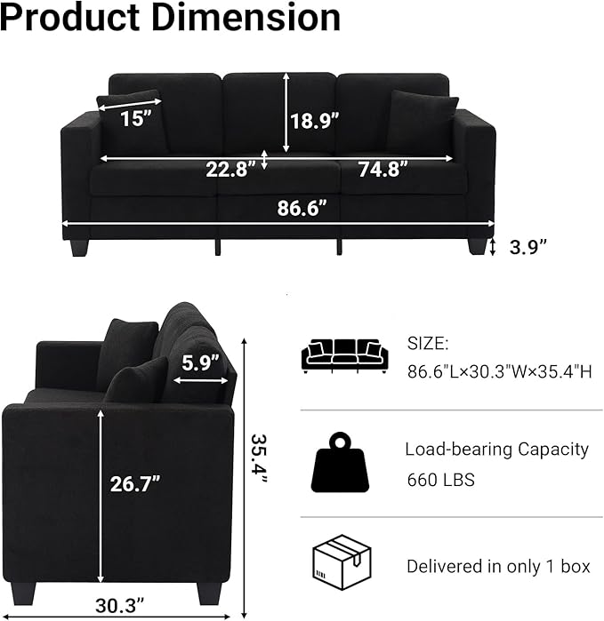 86.6 Inch Modern 3 Seater Sofa Couch for Living Room Sofa with Extra Deep Seats Armrests Soft Boucle Upholstery Couch for Living Room Bedroom Office Apartment Black