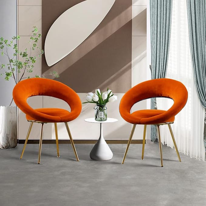 Orange Velvet Modern AccentConversation Lounge Chair with Gold Plated Legs Unique AppearanceSuitable for Office Lounge Living RoomSet of 2