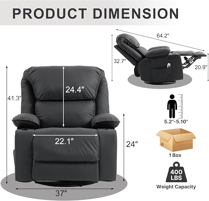 Leather Recliner Chair Rocker Massage Recliner Chair with Massage and Heat Swivel Manual Recliners Chairs with Cup Holders for Living Room(Leather Black)