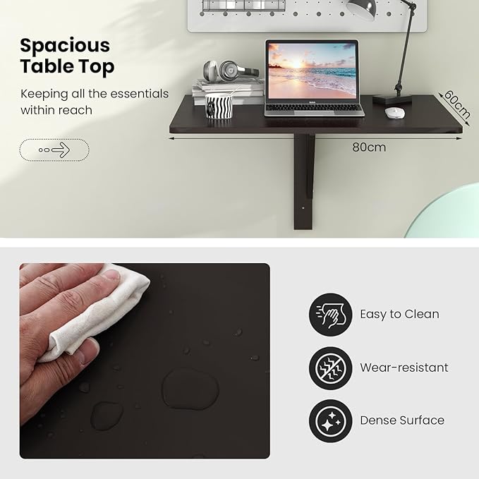 Tangkula 31.5 Wall Mounted Folding Desk Drop-Leaf Floating Desk with Spacious Surface Space-Saving Foldable Wall Table for Study Bedroom Bathroom Balcony &amp Small Spaces