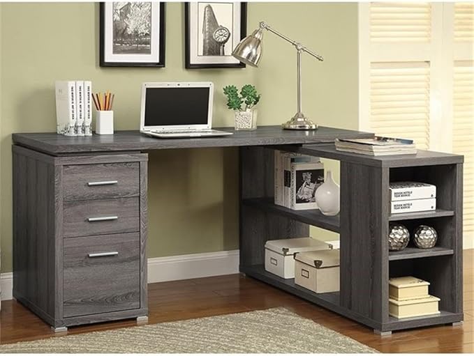 Pemberly Row Contemporary L Shape Writing Desk Weathered Gray/Silver Finish MDF and Particle Board 60 W x 47.25 D x 29.5 H 3 Drawers and Shelves Home Office Desk with File Storage