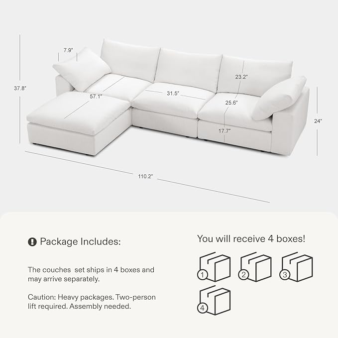 Modular Sectional Sofa 110.2 L Shaped Modern Sofa Modular Sectional Cloud Couch with Ottoman Modern Cloud Sectional Couches for Living Room Deep Seat Sofa with Washable Cover