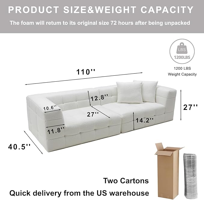 MEISIMAN 110”Modular Sectional Sofa Cloud Couch - Compressed Sofa Soft Teddy Fabric &amp Memory Foam Couch for Living Room No Assembly Required (White)