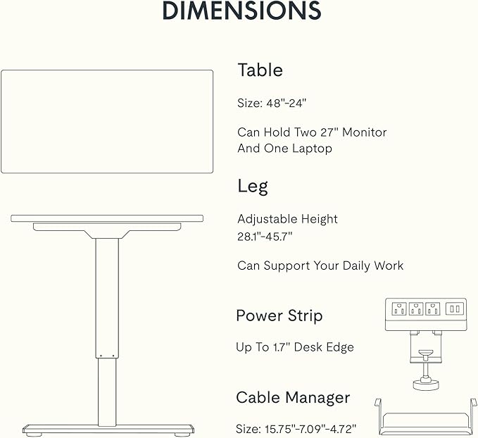 FLEXISPOT EN2 Whole-Piece Standing Desk with Clamp Power Strip 48 x 24 Electric Stand Up Height Adjustable Desk with Cable Management (White Frame + 48 Black Top 2 Packages)