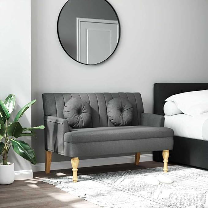 vidaXL 44 W Small Loveseat with Round Pillows Fabric Sofa with Armrests &amp Wooden Feet Modern 2 Seater Couch for Small Spaces Ideal for Living Room &amp Bedroom Dark Gray
