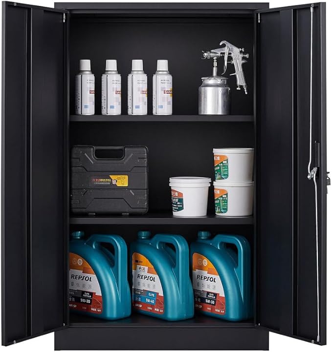 Metal Storage Cabinet with Lock 2-Door Folding File Cabinet with Adjustable Shelf 42 Heavy-Duty Storage Locker for Home Office School Garage (Black)