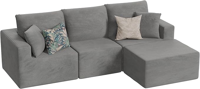 JUMMICO Boneless Couch with Deep Seat and Ottoman Modular Sectional Sofa with Body Support Corduroy Couches for Living Room Apartments Bedroom No Assembly Required (Gray L-Shaped)