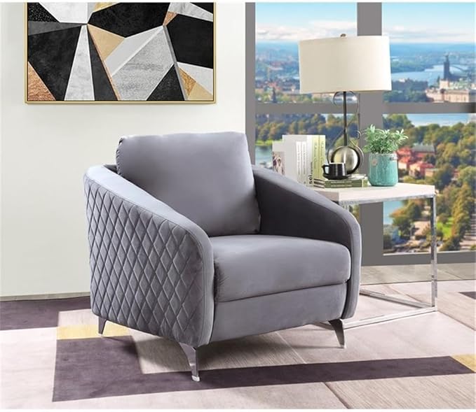 Lilola Home Sofia 36 W Gray Velvet Accent Chair with Silver Legs – Tufted Modern Armchair for Living Room Bedroom or Reading Nook