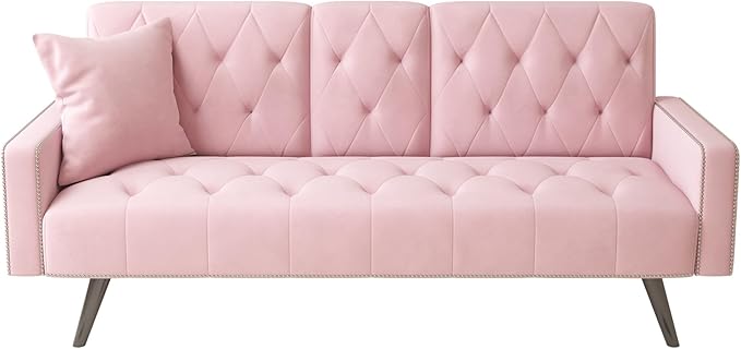 70” Velvet Futon Sofa Bed with 2 Cup Holders Convertible Sleeper Bed Modern Loveseat for Living Room Bedroom Pink